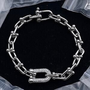 Sterling Silver U Link Zircon Bracelet Unisex Horse Shoe